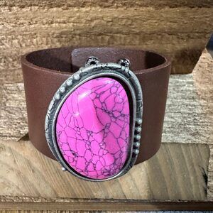 Hot‎ Pink Stone and Dark Brown Leather Cuff Bracelet